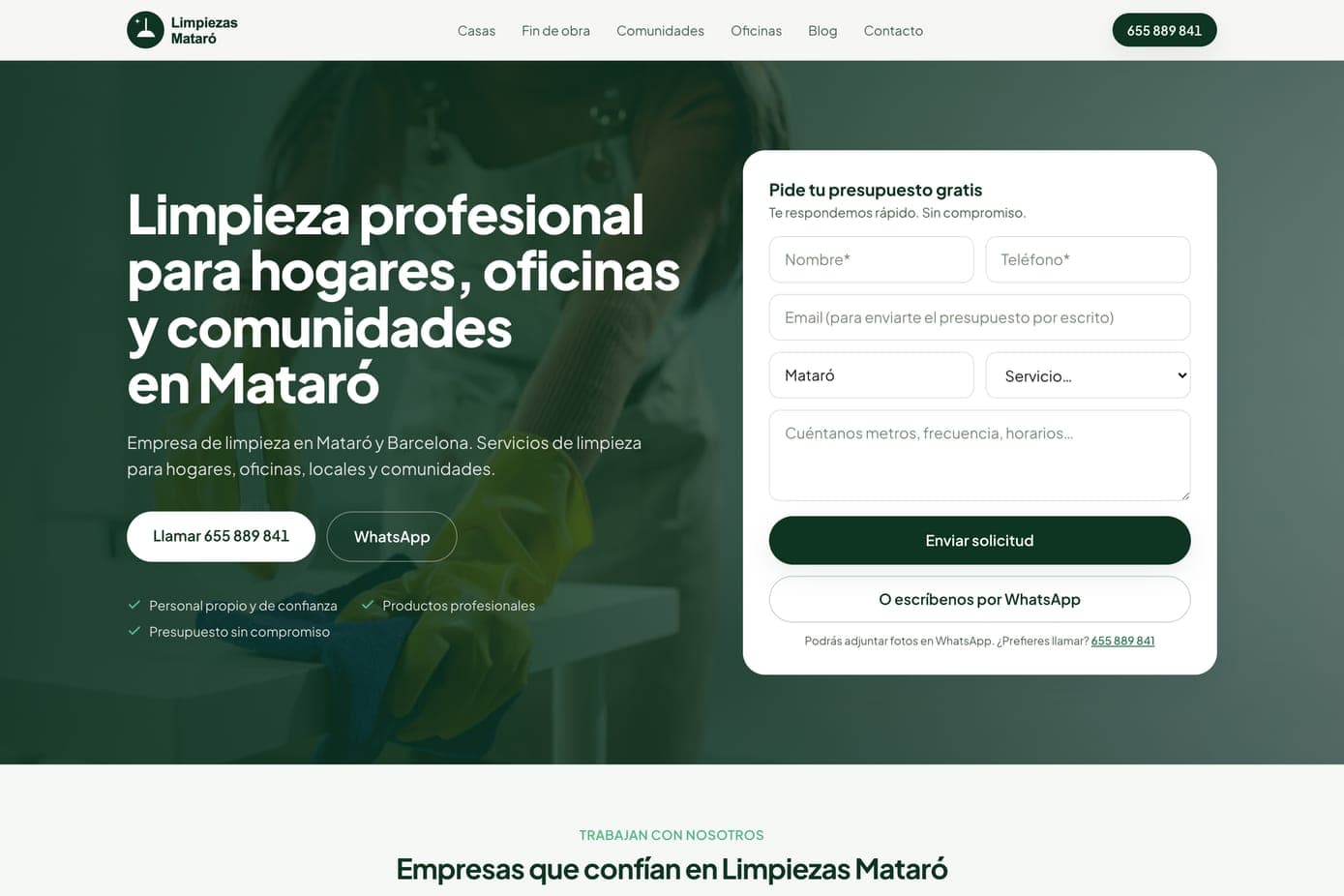 Captura de la web de Limpiezas Mataró
